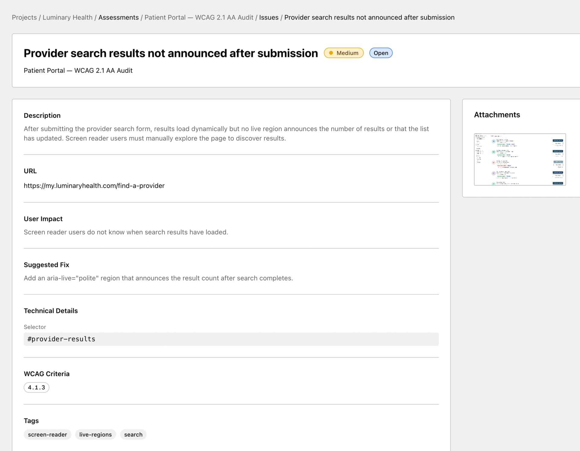 Issue log showing a list of accessibility findings with severity badges and WCAG criteria