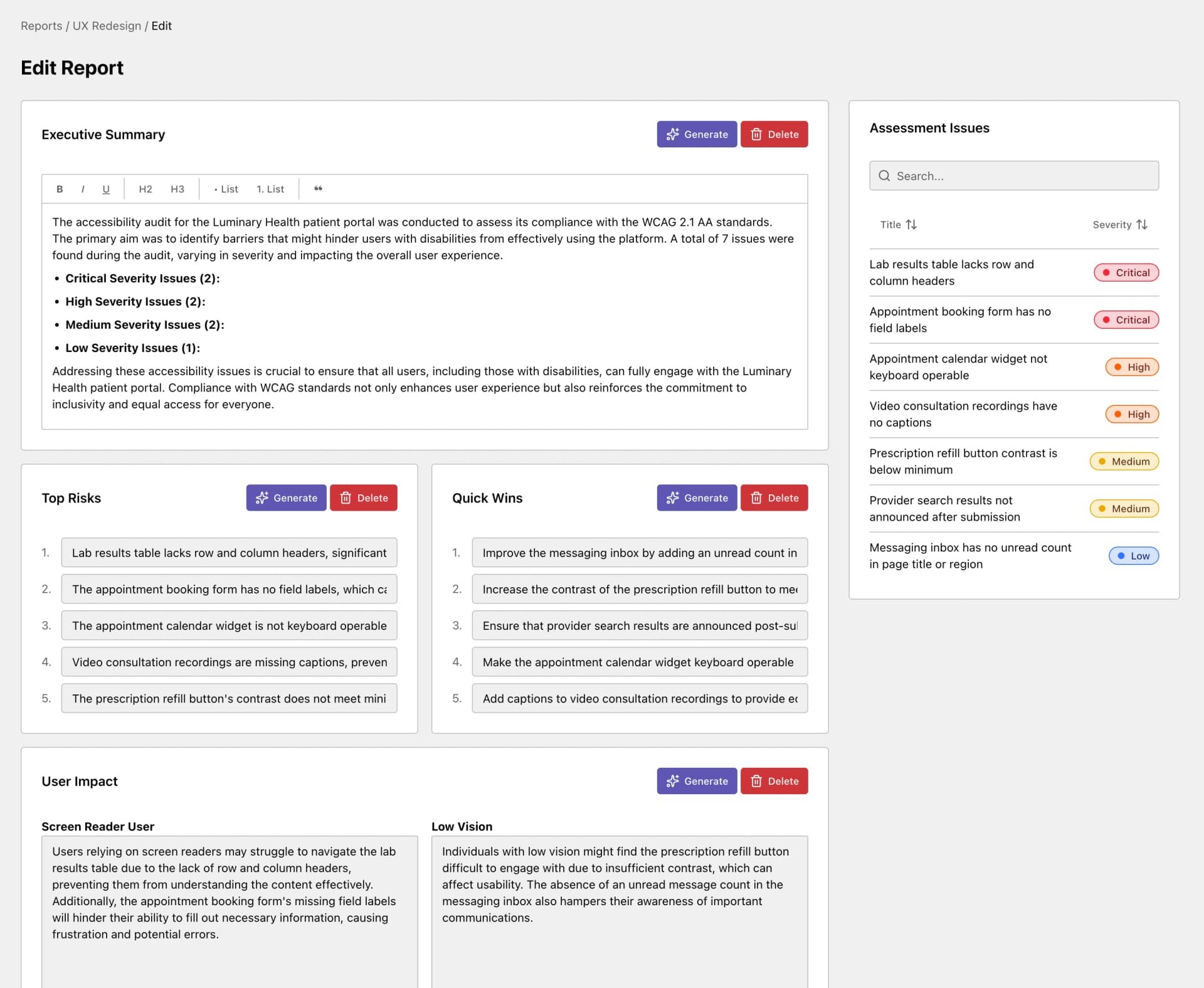 Report view showing issue severity breakdown, stats, and WCAG analysis