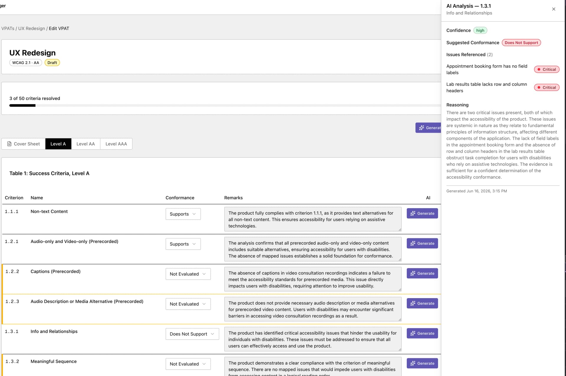 VPAT editor showing conformance ratings populated from logged issues