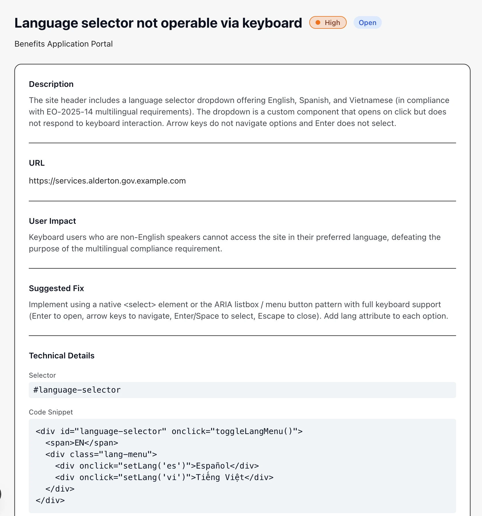 The issues list for an assessment showing several accessibility findings with WCAG criterion codes (e.g. 1.4.3, 2.4.7), severity badges (Critical, High, Medium, Low), and a filter bar at the top