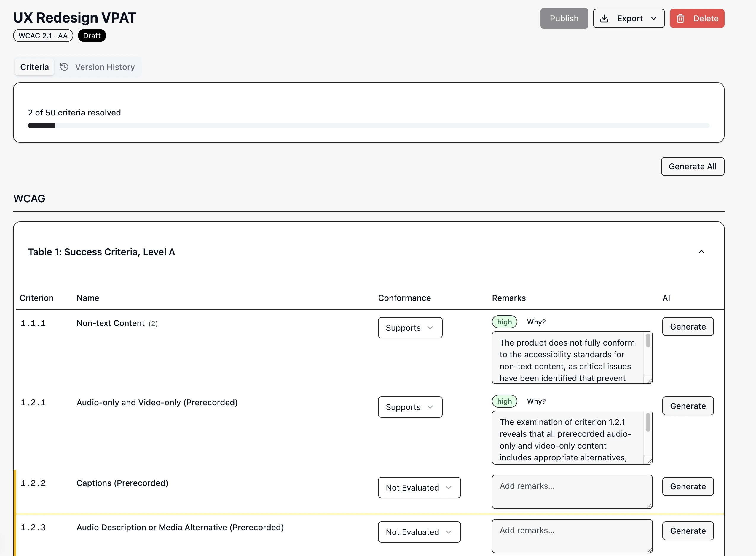 The VPAT criteria editor showing several rows with conformance level dropdowns (Supports, Partially Supports, Does Not Support, N/A) and remarks text fields, with linked issue counts visible